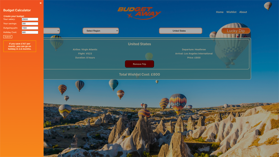 Budgetaway Showing the Sidebar Budget Calculator